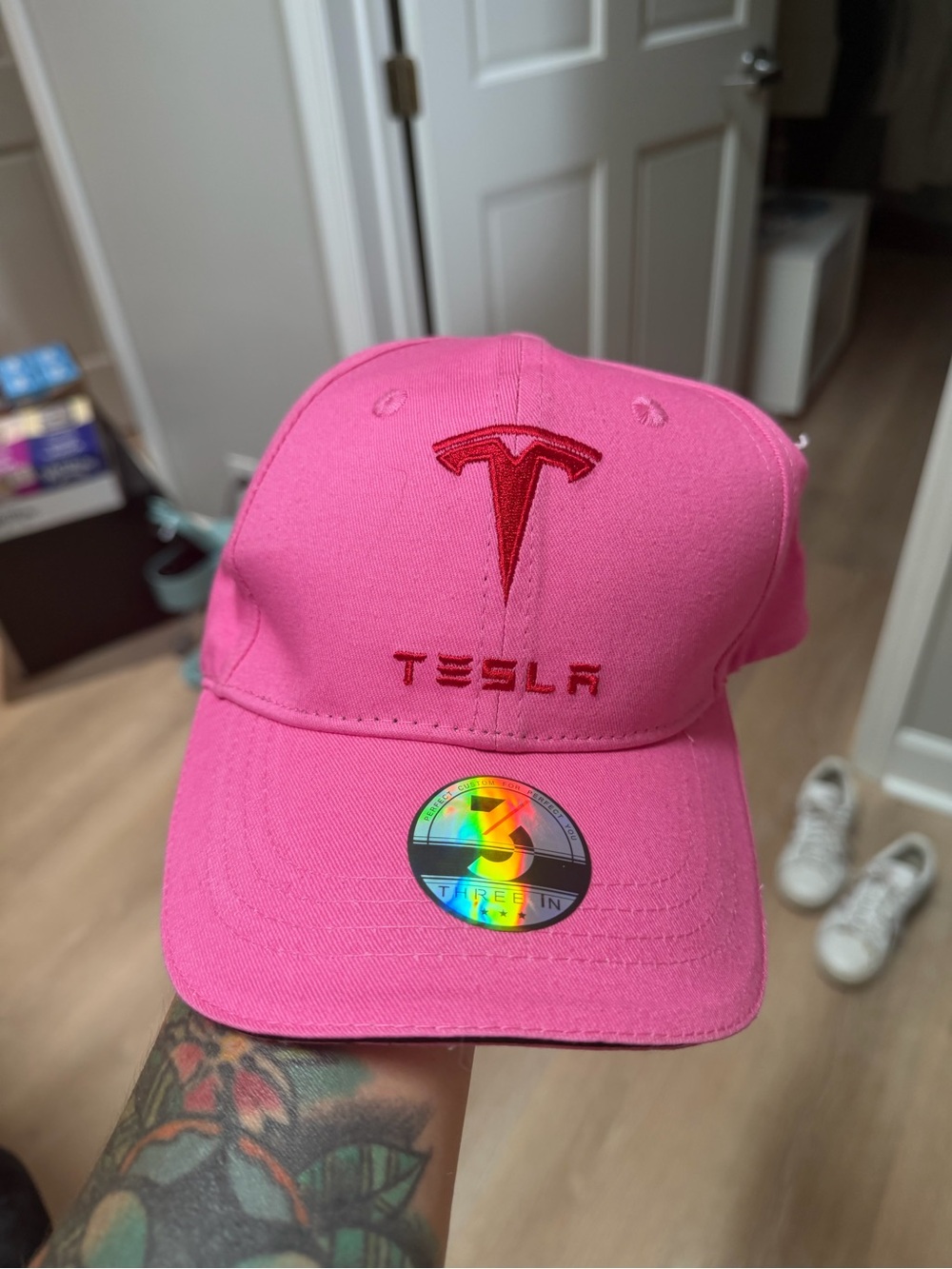 NWT three in Tesla Pink Embroidered Logo Baseball Cap